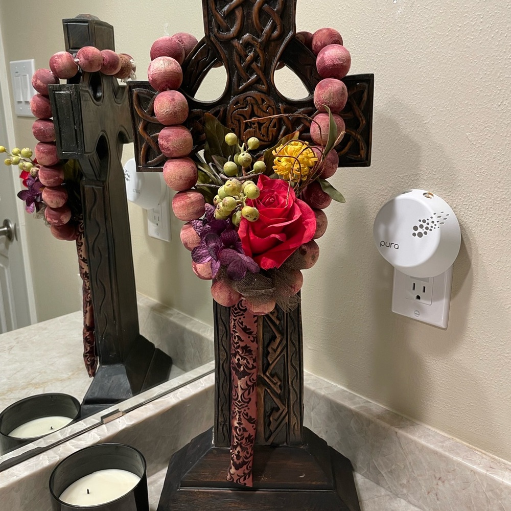 Solid wood carved Decorative Celtic Cross with Pink & Yellow faux floral Accents